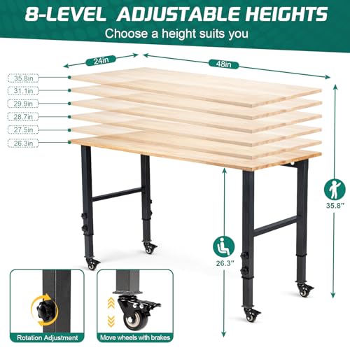 OLBRUS 48 "Adjustable Wheels Workbench, Heavy Duty 2000 LBS Load Capacity Hardwood Workbench Suitable for Workshop, Office, Garage, Home (Metal Wheels丨No Power Outlets 48"x24") OLBRUS