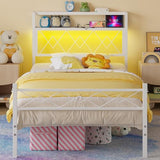 Weehom Twin Bed Frames with Headboard, Metal Bed Frame with 2-Tier Shelves Storage, Modern Twin Platform Bed with Charging Station & LED Lights - No Box Spring Needed, White Weehom
