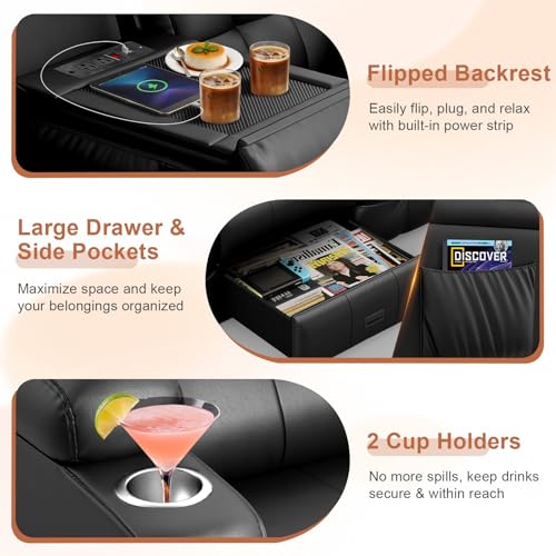 Home Theater Seating, Power Loveseat Recliner Sofa with Massage & Heating, Wall Hugger RV Couch with LED Lights & Built-in Speakers, Flip Backrest, Drawer, USB & Type-C Charging, Cup Holders, Pillows
