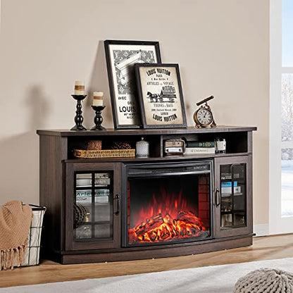 LUXOAK 59" Curved Fireplace TV Console, Entertainment Center Table with Open Shelves and Farmhouse Glass Door Media TV Cabinet Stand for TVs up to 65 - WoodArtSupply