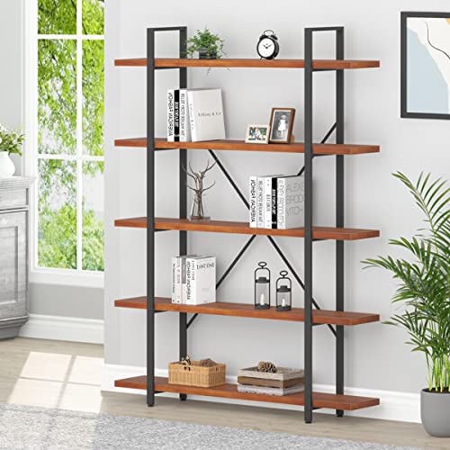 HSH Solid Wood 5 Shelf Bookshelf, Industrial Real Natural Wood Tall Etagere Bookcase, Modern Large Open Wide Big Metal Book Shelf with 5 Tier Storage