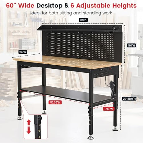 ENJOYWOOD 60'' Heavy Duty Workbench 3000 LBS Load Capacity Adjustable Height Garage Work Bench with Pegboard, Storage Shelf, Power Outlets and LED Light ENJOYWOOD