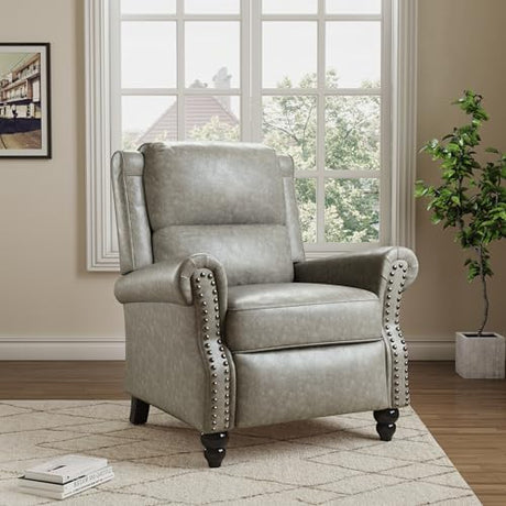 Pushback Recliner Chair, Faux Leather Wingback Recliner Chair, Upholstered Armchair Push Back Recliner with Wood Legs, Rivet Trim Single Sofa Accent Chair for Living Room, Bedroom, Gray Qatiby