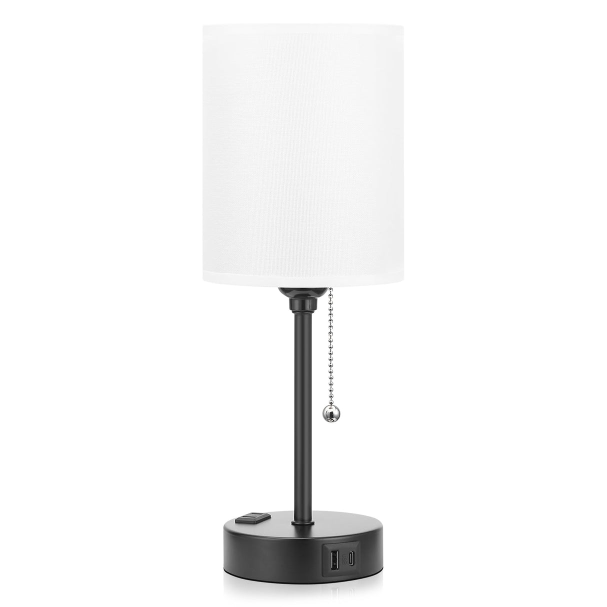 Small Bedside Table lamp for Bedroom - 3 Color Temperatures Bedside Lamps with USB C and A Ports, Pull Chain Table Lamps with AC Outlet, White Nightstand Lamps with Black Metal Base for Kids Reading Dicoool