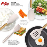 Silicone Cooking Utensils Set - 446°F Heat Resistant Silicone Kitchen Utensils for Cooking,Kitchen Utensil Spatula Set w Wooden Handles and Holder, BPA FREE Gadgets for Non-Stick Cookware (Khaki) oannao