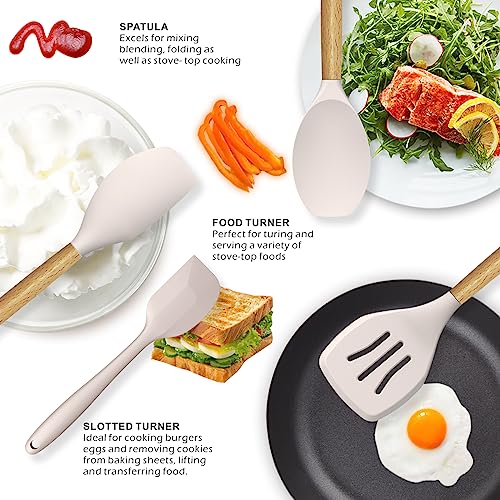 Silicone Cooking Utensils Set - 446°F Heat Resistant Silicone Kitchen Utensils for Cooking,Kitchen Utensil Spatula Set w Wooden Handles and Holder, BPA FREE Gadgets for Non-Stick Cookware (Kh - WoodArtSupply