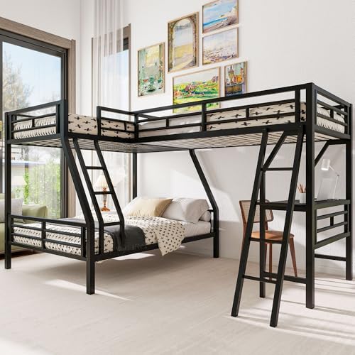 Merax Twin Over Full L-Shaped Bunk Bed with Loft & Desk, Triple Sleeper Metal Bunk Bed with Guardrails for Bedroom, Black Merax