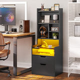 BTHFST Tall Black LED Bedside Nightstand with Charging Station, Shelves, and Drawers BTHFST