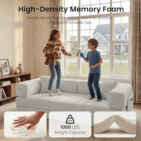 CUBENTE 78.8" Convertible Sofa Bed,Corduroy Futon Couch with Storage Pocket,Folding Pull Out Futon Sofa,No Assembly Boneless Couch for Living Room, White CUBENTE