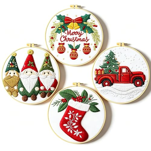 Zhenqing Christmas Embroidery Kit for Beginners - 4 Piece 29x29cm Round Hoop Art with Pre-Printed Cotton Fabric, Embroidery Hoop, Threads & Tools (Merry Christmas, Stocking, Truck, Gnomes)