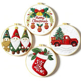 Zhenqing Christmas Embroidery Kit for Beginners - 4 Piece 29x29cm Round Hoop Art with Pre-Printed Cotton Fabric, Embroidery Hoop, Threads & Tools (Merry Christmas, Stocking, Truck, Gnomes)