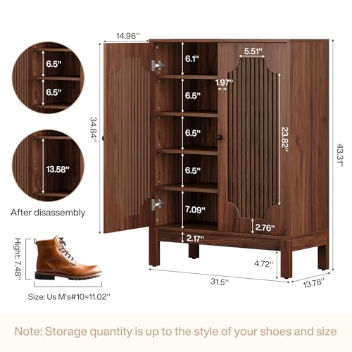 Tribesigns Shoe Cabinet with Doors, 5-Tier Shoe Storage Cabinet with Adjustable Shelves, 20 Pairs Wooden Shoe Rack Organizer, Tall Narrow Shoe Cabinet for Entryway, Hallway, Living Room, Walnut Tribesigns