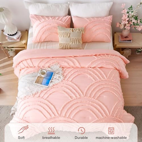 ENJOHOS Pink Full Comforter Set for College Girls - Full Size Boho Tufted Rainbow Comforter, 3 Pieces Rainbow Bedding for All Season, Lightweight Soft Microfiber Comforter with 2 Pillowcase ENJOHOS