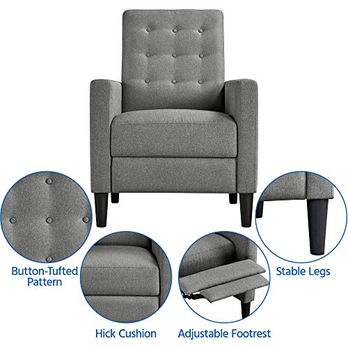 Yaheetech Fabric Recliner Chair with Adjustable Back & Footrest, Mid-Century Modern Accent Armchair Reading Chair, Tufted Upholstered Sofa with Pocket Spring for Living Room Bedroom Gray