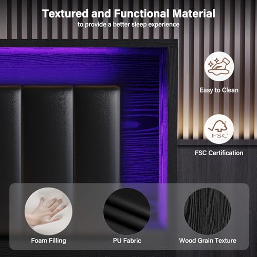 Belffin Floating Bed Frame King Size with LED Lights & Charging Station, Wooden Headboard with Hidden Storage and Faux Leather Backrest, Easy Cleaning, No Box Spring Needed, Noise-Free, Black Belffin