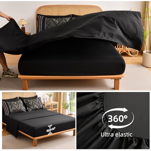 Luxudecor Black and Red Comforter Set Queen Size, 7 Pieces Stripe Geometric Bed in a Bag, Marble Comforter and Sheet Set, Soft Microfiber Complete Bedding Sets for All Seasons Luxudecor