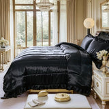 Satin Queen Comforter Set Silk Like Satin Bedding Set Hotel Soft Polyester Black Bed Set Luxury Silky Pillow Cover with Quilt Set Ruffle Down Comforter Home Decor Bedding_Dreamer
