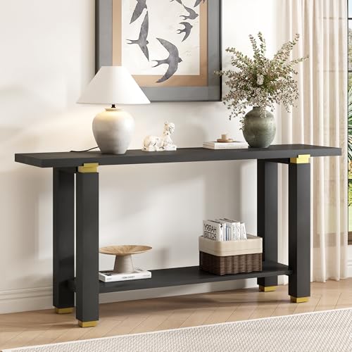 Merax 62.9" Modern Minimalist Console Table for Entryway Hallway Front Door, Narrow Pine Sideboard with Bottom Shelf, Easy Assemble Black Merax