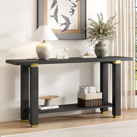 Merax 62.9" Modern Minimalist Console Table for Entryway Hallway Front Door, Narrow Pine Sideboard with Bottom Shelf, Easy Assemble Black Merax
