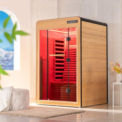 WOODBRIDGE Infrared Home Sauna Room 2 Person Hemlock Wooden Indoor Sauna,7 Carbon 2230W/120V Heaters,with Led Color Therapy Light,Bluetooth Speaker,Tempered Glass,Touch-Tone Keypad and A Top Vent