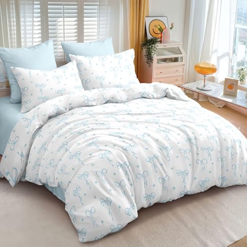 Bildenly Twin Comforter Set White - Light Blue Bow Quilt Bedding Set 2 Pieces, Comforter Set Twin Size, Soft & Lightweight Comforter(68‘’ x 90‘’) for Girl All Season & 1 Pillow Case(30‘’x20‘’) Bildenly