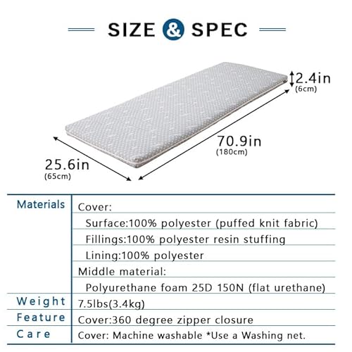 EMOOR Foldable Hybrid Futon Mattress, High-Resilience Urethane Foam 150N with Washable Padded Cover, Japanese Daybed-Size (26x71in) Tatami Camping Firm Washable Cover, Gray EMOOR