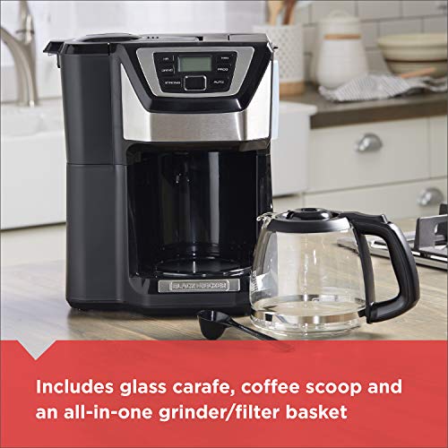 BLACK+DECKER 12-Cup Mill and Brew Coffee Maker, Automatic Grind and Brew Drip Coffee Machine, Programmable, Sneak-A-Cup, Reusable Filter.