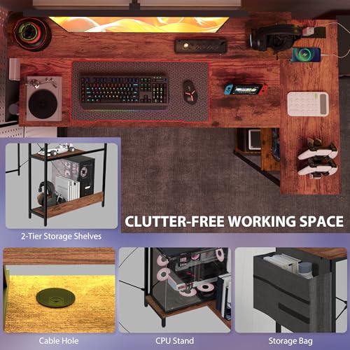 HOMCOM 58" L Shaped Gaming Desk with Power Outlets and LED Lights, Reversible Computer Desk with Monitor Stand, Fabric Storage Bag, Cable Management, for Home Office, Rustic Brown HOMCOM
