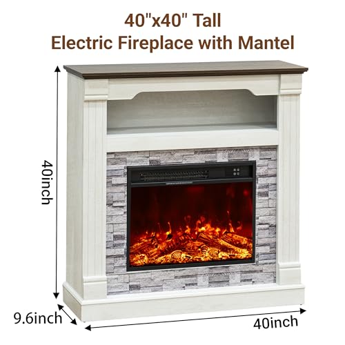 TRONLEE 40" H Electric Fireplace with Mantel, LED Flame Effect,4800 BTU Heating Small to Medium Spaces 60-99°F,Overheat Protection,Remote Control,Freestanding (Off White) TRONLEE