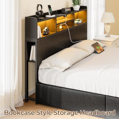 Rolanstar Full Bed Frame with Storage Headboard & 4 Drawers, Metal Platform Bed with Charging Station, LED Single Bed with Side Shelf, No Box Spring Needed, Easy Assembly, Black Rolanstar