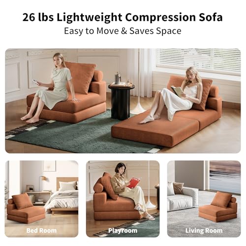 Lumbershed Folding Sofa Bed, 3-in-1 Convertible Sleeper Chair Bed with Pillows, Foldable Floor Couch with High-Density Foam, Futon Small Boneless Couch for Living Room Bedroom Lounge, Single, Brown Lumbershed
