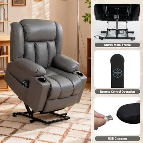Culect Electric Lift Recliner with Massage Heating Function Mild Zero-Gravity and Stand-Assist Feature, Recliner Chair with 2 Remote Controls and USB Port, Large Side Pockets, Gray PU Culect