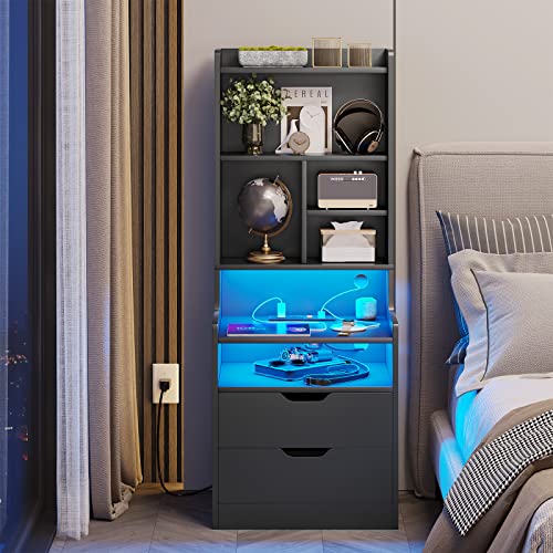 BTHFST Tall Black LED Bedside Nightstand with Charging Station, Shelves, and Drawers - WoodArtSupply