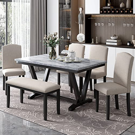 Merax Modern Style 6-Person Dining Table Set with 4 Chairs & a Bench, Marbled Veneers Tabletop and V-Shaped Table Legs, White Merax