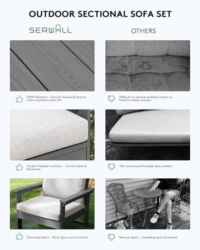 SERWALL HDPE Patio Conversation Set, 7-Piece Sectional Outdoor Patio Furniture Set, All Weather Patio Couch Set Patio Sofa Set for Deck, Lawn, Grey Frame with Khaki Cushion SERWALL