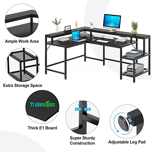 Tribesigns 69 Inch L Shaped Desk with Monitor Stand, Large Reversible Corner Desk with Storage Shelf, Industrial Computer Table Writing Desk for Home Office, Black Tribesigns