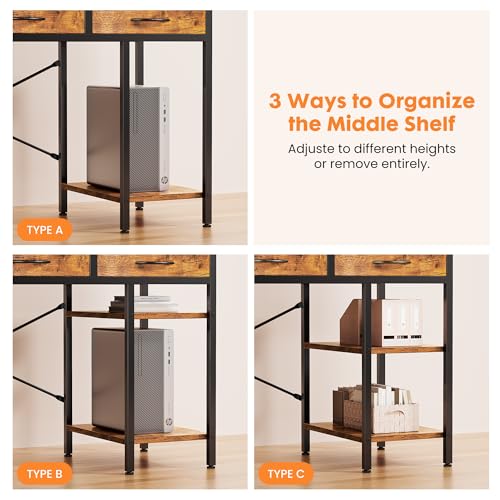 Sweetcrispy 47" Computer Desk with 6 Drawers, Home Office Gaming Desks with Storage Shelves for Bedroom, Writing Study Corner Living Room Work Table Rustic Brown Sweetcrispy