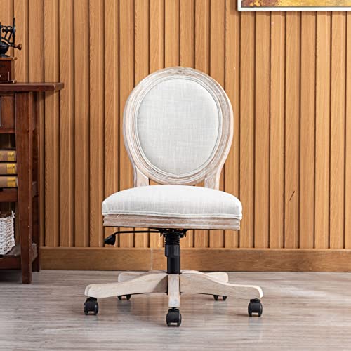 LukeAlon Vintage Linen Office Chair, Adjustable Height Swivel Task Chair with Wood Frame Armless Desk Chair with Wheels Upholstered Round Back Vanity Chair for Home Office Study Room, Beige LukeAlon