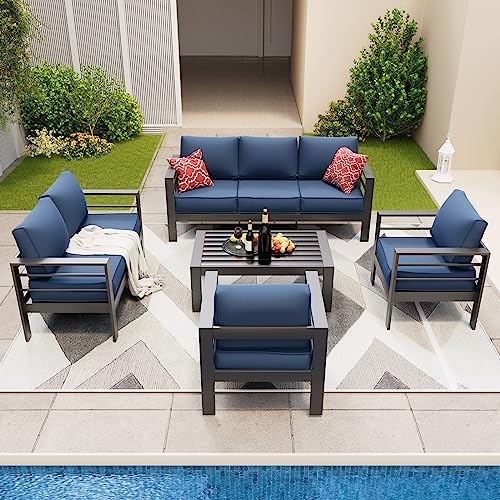 Amopatio Aluminum Patio Furniture, 8 Pieces Metal Outdoor Furniture Set, Outdoor Sectional Modern Sofa Sets with Coffee Table for Pool, Garden, Dark Grey&Blue (Included Waterproof Covers) Amopatio