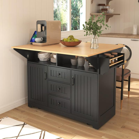 55.7'' Large Kitchen Island with 2 Drop Leaf,, Rolling Kitchen Cart on 5 Wheels with Power Outlet, Folding Storage Dining Table with Spice & Towel Rack , 3 Drawers, for Kitchen, Dining Room,Black HomeGearTech