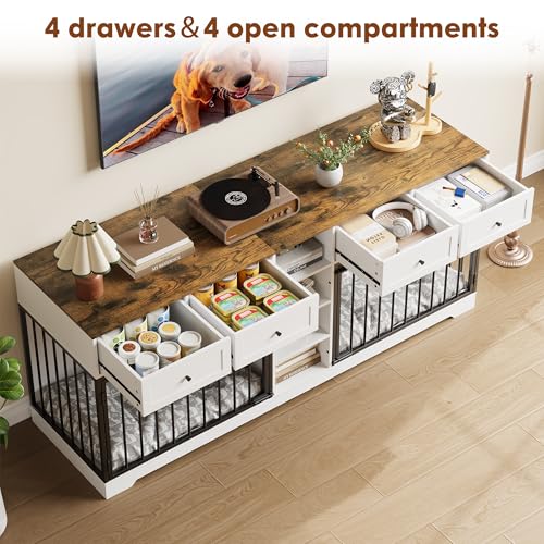 Double Dog Crate Furniture, 82'' Large Dog Kennel Indoor with 4 Drawers and Shelves, Heavy Duty Wooden Dog Crate TV Stand for 2 Large Medium Dogs, White+Brown Garvee