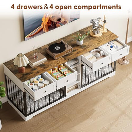 Double Dog Crate Furniture, 82'' Large Dog Kennel Indoor with 4 Drawers and Shelves, Heavy Duty Wooden Dog Crate TV Stand for 2 Large Medium Dogs, White+Brown Garvee