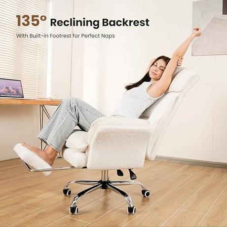 Big and Tall Office Chair, Flip Armrests for Pets & Cross Legged Sitting, Executive Ergonomic Computer Gaming Chair with Foot Rest, Teddy Fleece Wide Seat Reclining Desk Chair, White Vanity Chair HOMRELEXA