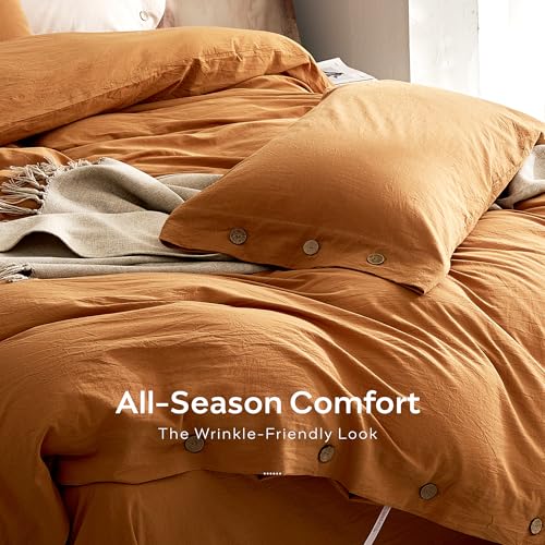 JELLYMONI 100% Washed Cotton Duvet Cover Full – Soft, Breathable Linen-Look Bedding with Natural Wrinkle Texture, Button Closure, 3-Piece Set (Amber Orange, 80"x90") JELLYMONI