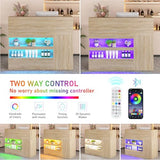 55" Reception Desk with LED Lights Power Outlets,L-Shaped Modern Front Table Reception Room Table with Cable Grommet,Lockable Drawers,Retail Checkout Counter for Lobby,Salon,Home Office Desk,Oak Hlivelood