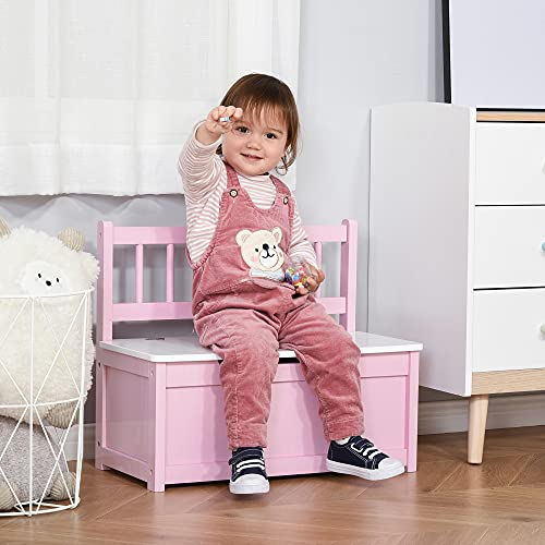 Qaba 2-in-1 Kids Wooden Toy Organizer Chest Storage Box with Seat Bench Cabinet Chunk Cube with Safety Pneumatic Rod Pink - WoodArtSupply