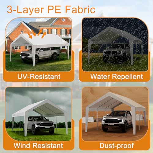Garvee Carport, 10 ft x20 ft Extra Large Heavy Duty Carport, Portable Heavy Duty Garage Shelter with 8 Legs, Garage Tent for Car, Truck, SUV, Car Canopy with All-Season Tarp - White Garvee