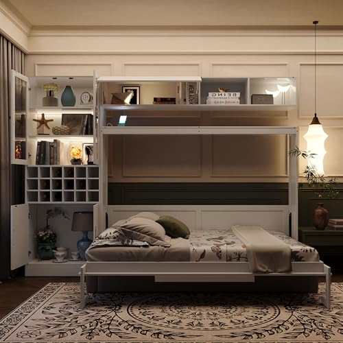 Merax Full Size Murphy Bed Wall Bed with Sofa, Shelves, USB & Light - Space Saving Foldable Bed for Small Apartments, White Merax