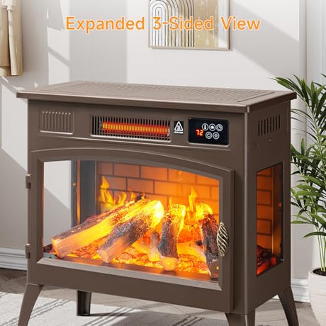 24″ Freestanding Electric Fireplace Stove with 3D Flame Effect and 6 Flame Color, 1000/1500W Infrared Fireplace Stove, 5200 BTU Electric Fireplace Heater with Remote and Timer for Indoor, Brown ONBRILL