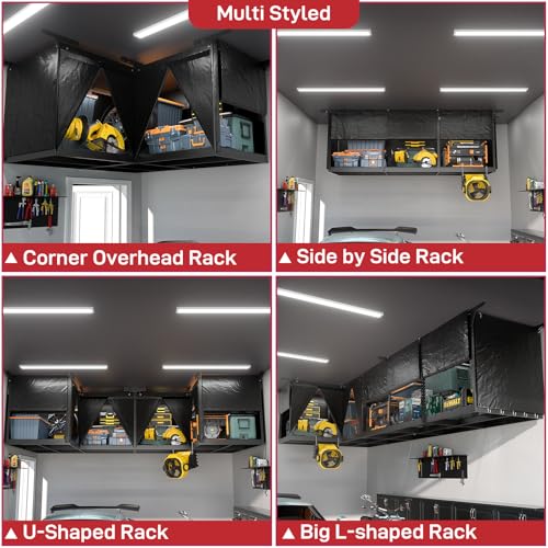 L Shaped Overhead Storage Rack with Stable Oxford Cover, Height Adjustable Garage Storage Organization System, Heavy Duty Reversible Garage Ceiling Storage Rack for Garage, Warehouse, Load 700LBS